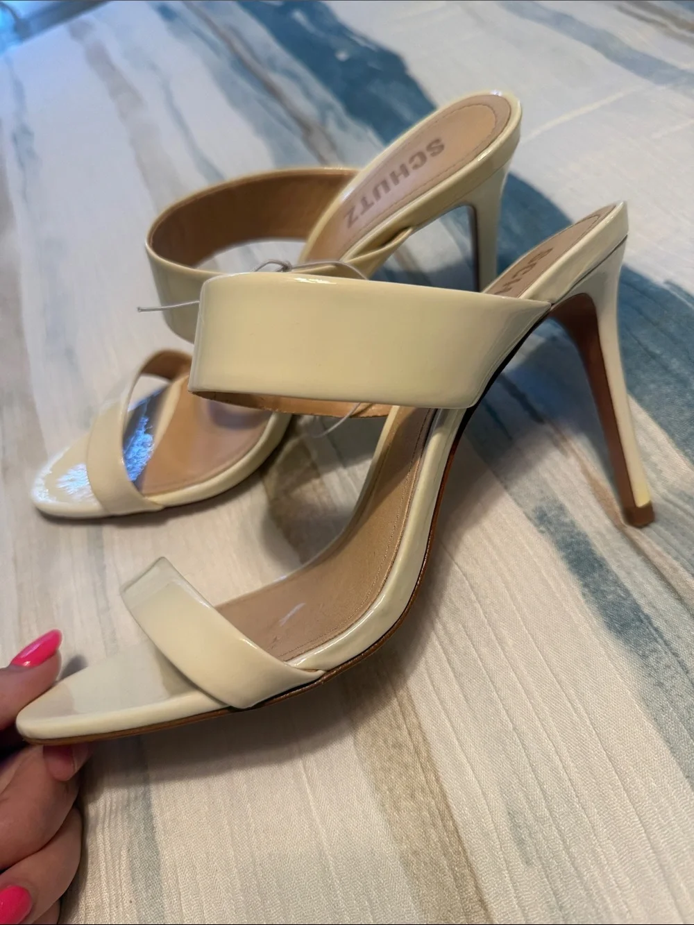 SCHUTZ Cream Patent Leather Strappy Stiletto Sandals